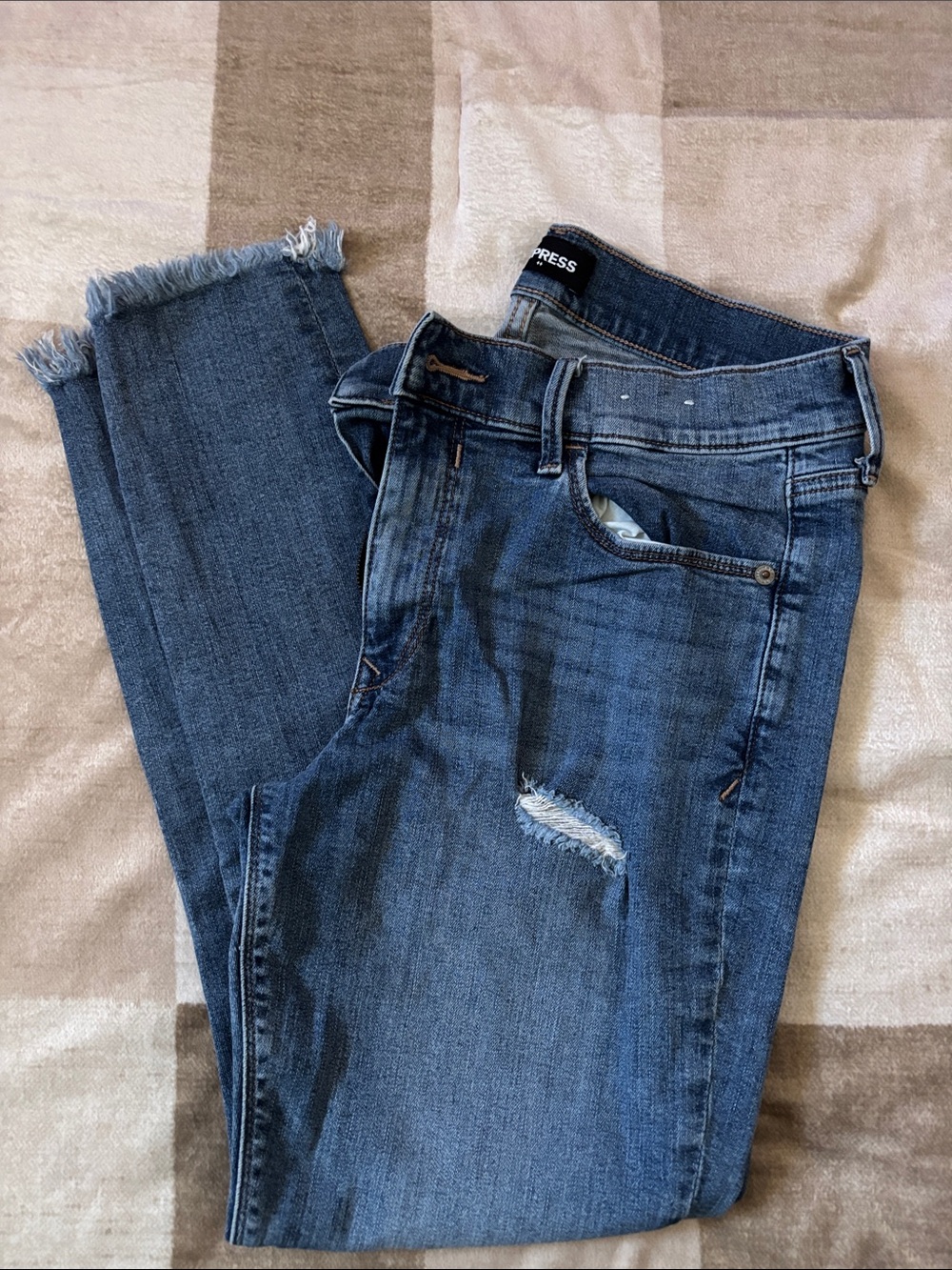 Express Women's Ankle Crop Distressed Jeans - Dark Blue